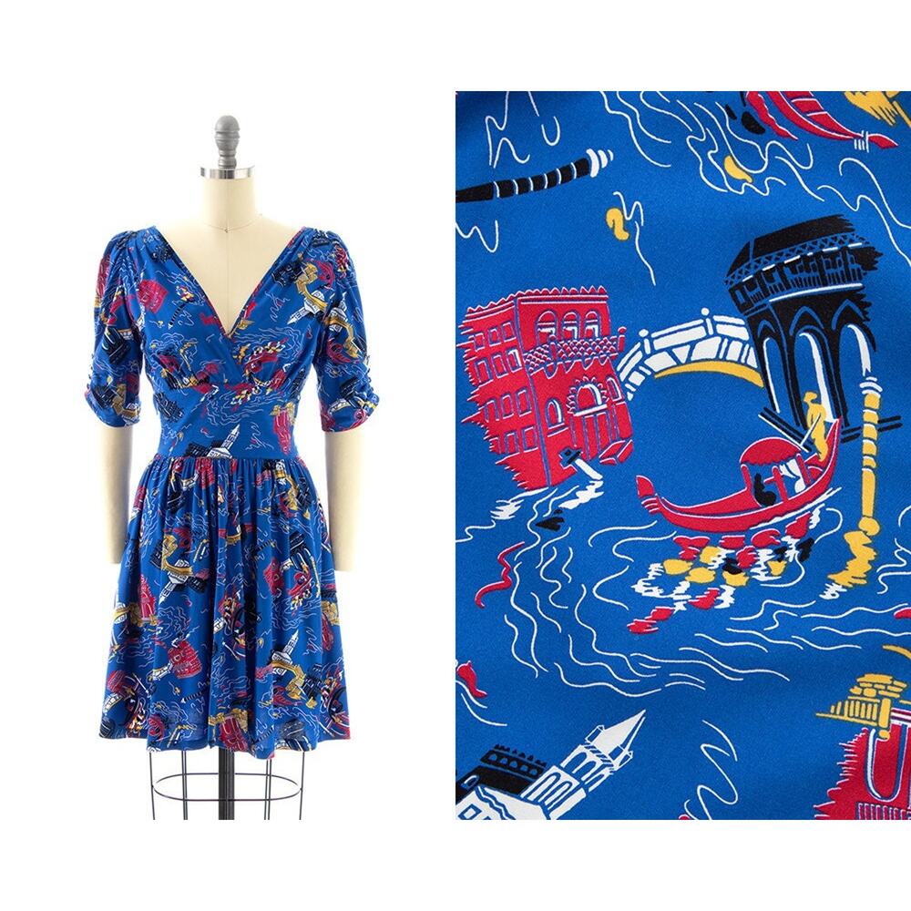 TRASHY DIVA Vintage Style Dress 1930s “Venice Nights” Italian Novelty Print Blue